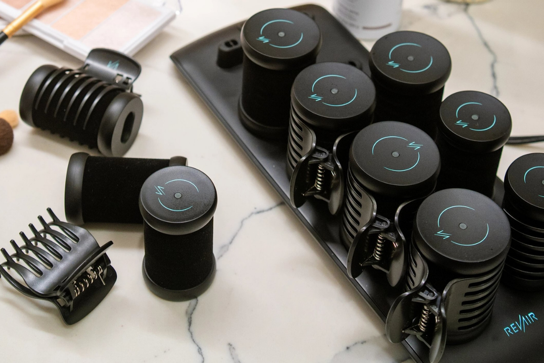 RevAir Amplifying Hot Rollers with 1.5-inch and 1.75-inch rollers, clips, and heated base