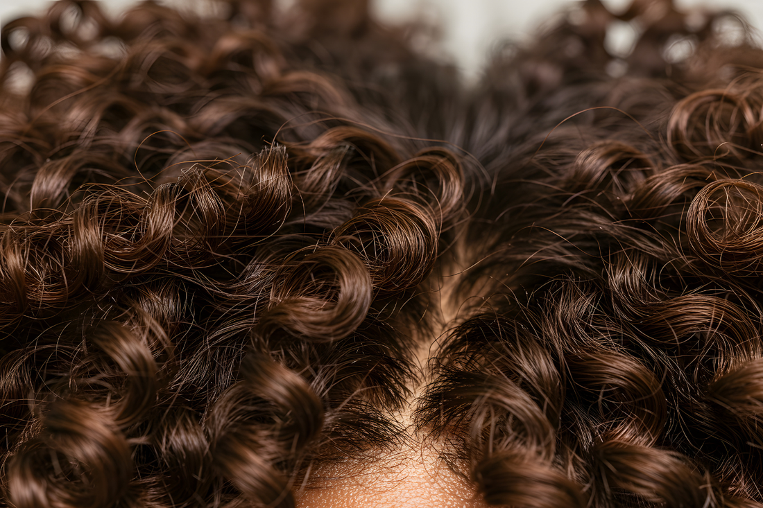 Curly hair with visible scalp, highlighting signs of scalp and hair balance