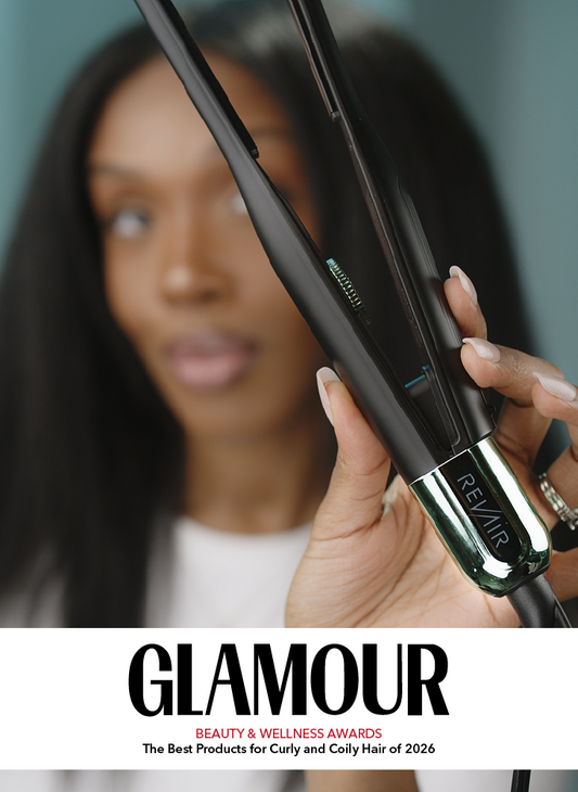 Read article: A Black woman with long straight hair holding the RevAir Micro Edge Styler up close, with the Glamour Beauty and Wellness Awards logo and the text The Best Products for Curly and Coily Hair of 2026 displayed below