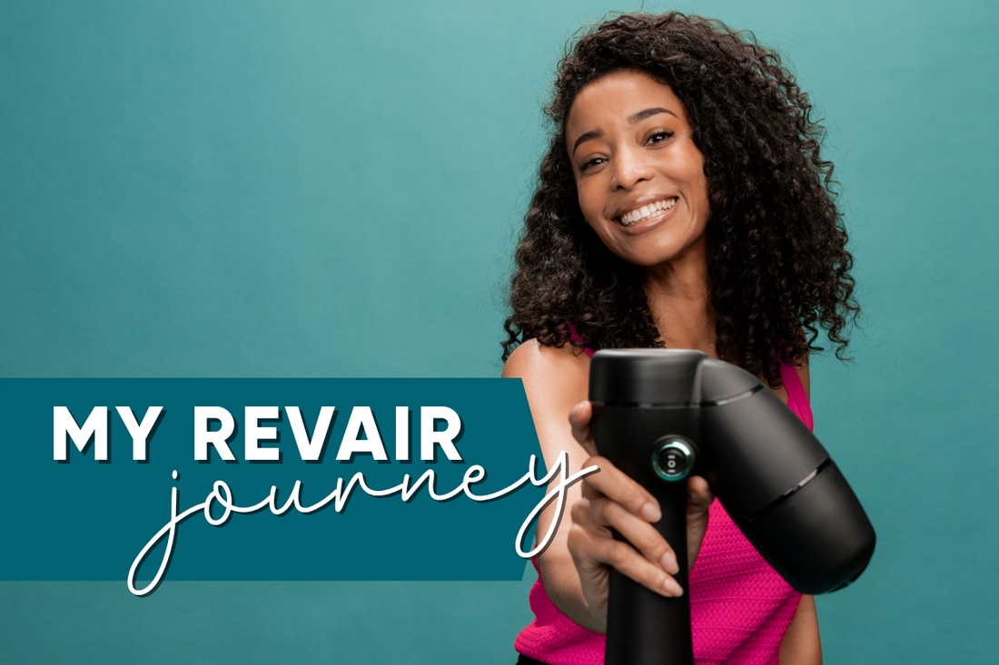 Tia holding the RevAir Reverse-Air Dryer for her My RevAir Journey hair story