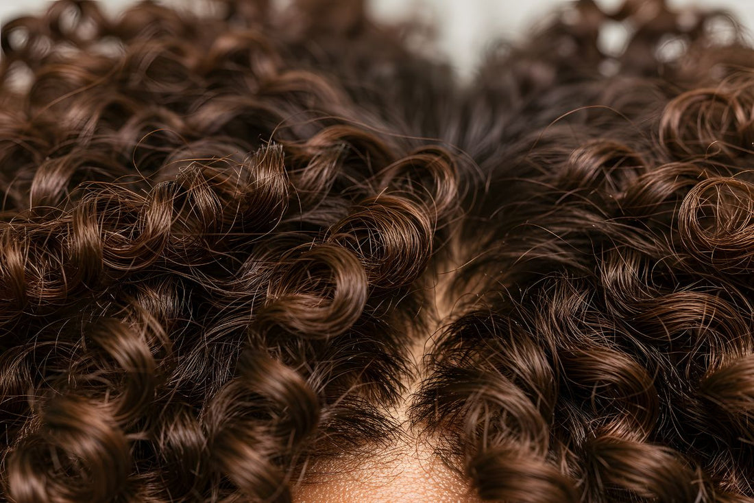 Close-up of curly hair at the roots showing healthy curls and visible scalp for frizz and scalp care.