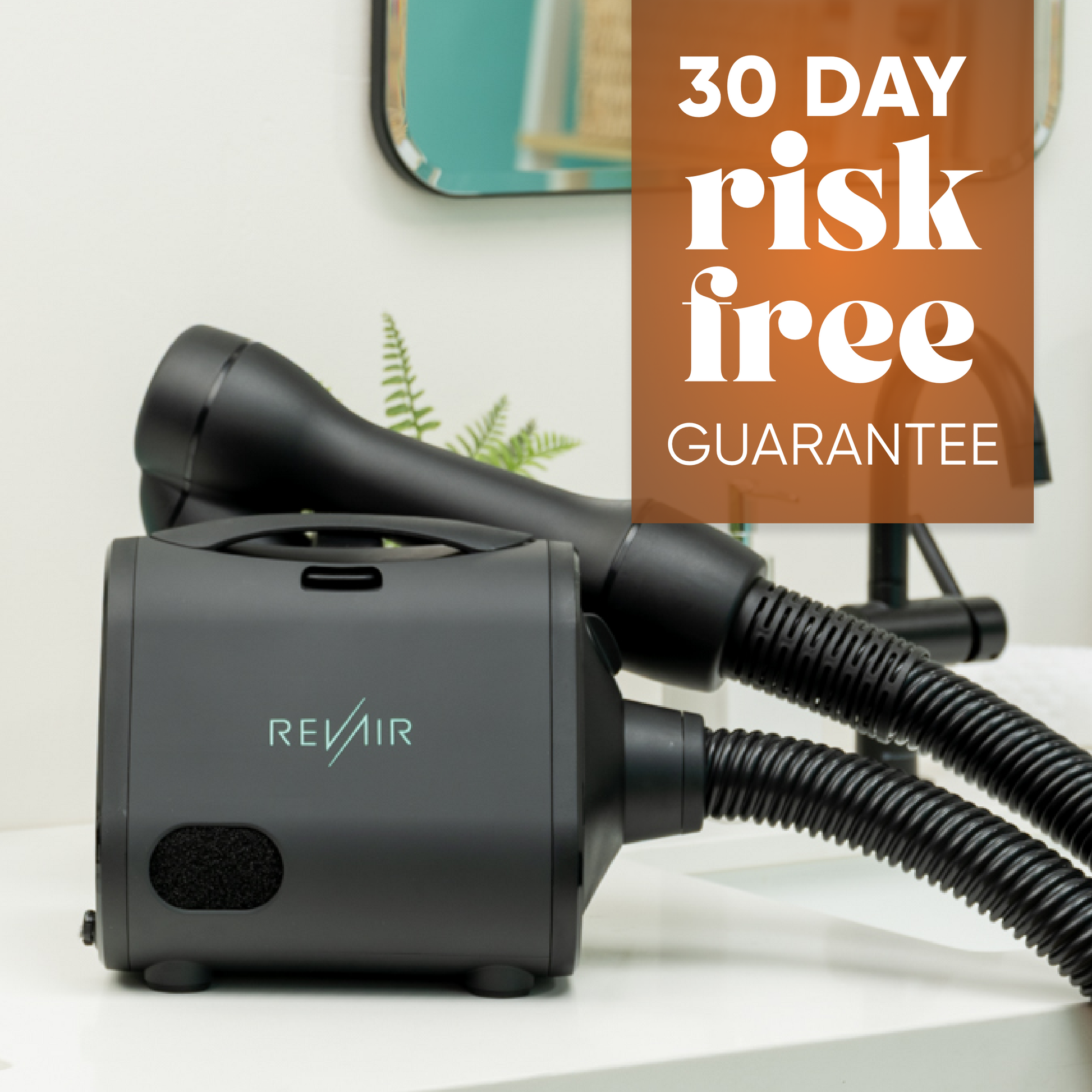 RevAir Reverse-Air hair dryer with '30 Day Risk-Free Guarantee' text overlay.
