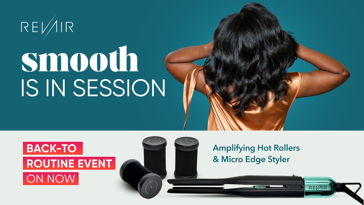 Promotional banner for REVAIR hair styling tools, featuring a woman with styled dark hair seen from behind against a teal background, with text reading 'smooth IS IN SESSION' and product photos of hot rollers and a micro edge stylister on a white lower section.