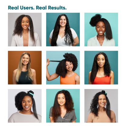 A grid of images showing a diverse group of nine women with half-revved hair, one side curly and wet, the other side dry and stretched, with the title: Real Users. Real Results.